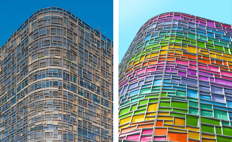 La "Chelsea Tower" édifiée par Jean Nouvel à Manhattan, New York : le bâtiment original et sa version "colorisée", œuvre du designer et photographe new-yorkais Ramzy Masri