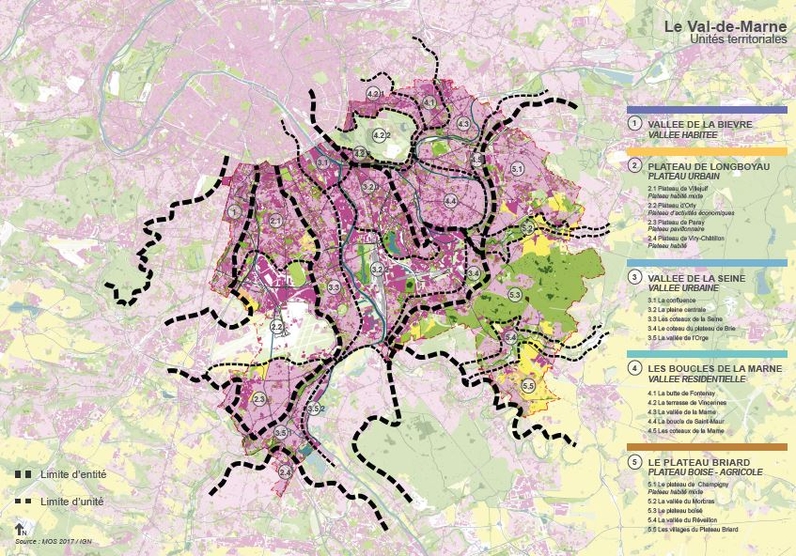 Carte des entités paysagères définies dans le cadre de l'élaboration de l'Atlas des Paysages du Val-de-Marne