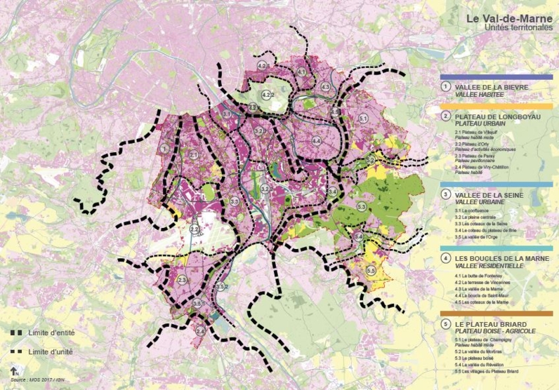 Carte des cinq entités paysagères définies dans le cadre de l'élaboration de l'Atlas des paysages du Val-de-Marne