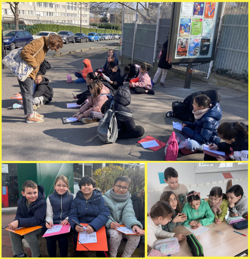 De haut en bas : Parcours avec les CM1 de l'école Paul Eluard à Vitry-sur-seine, ateliers avec les élèves de l'école Marinville à Saint-Maur-des-Fossés
