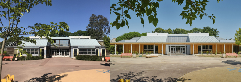 Ecole Jacques Gilbert-Collet, Chevilly-Larue, façade Sud Est avant /après rénovation